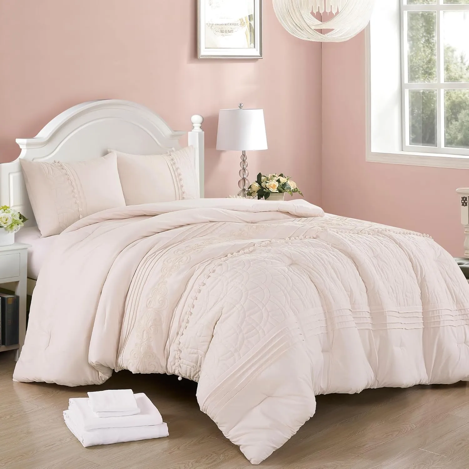 Chezmoi Collection Athena Queen Bed in a Bag 7-Pieces Floral Chenille Embroidered Pom Pom Stripe Comforter Set with Sheets All Season Bedding Set, Queen, Blush Pink