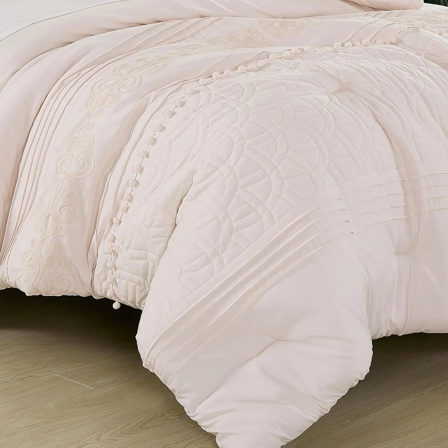 Chezmoi Collection Athena Queen Bed in a Bag 7-Pieces Floral Chenille Embroidered Pom Pom Stripe Comforter Set with Sheets All Season Bedding Set, Queen, Blush Pink