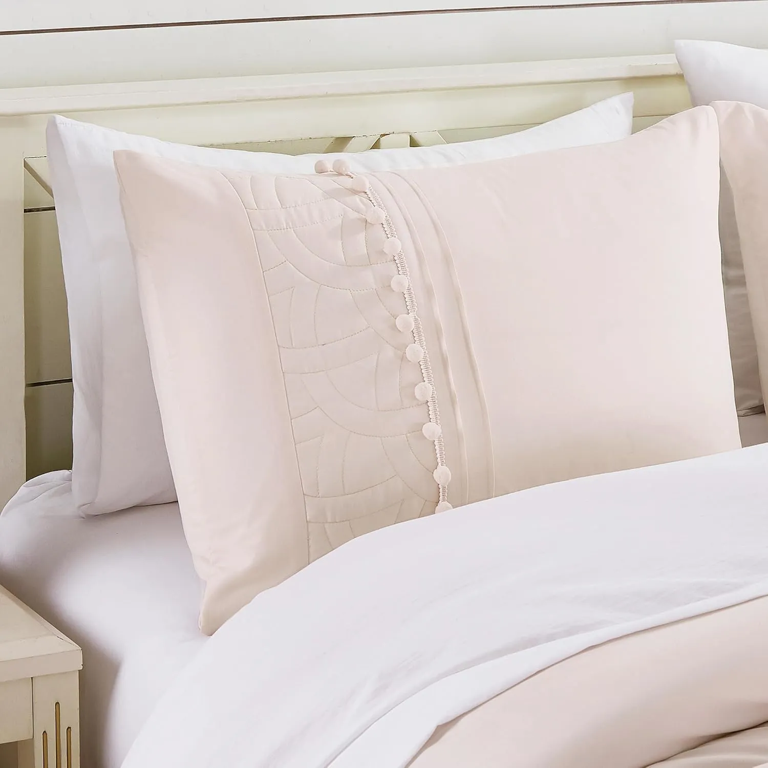 Chezmoi Collection Athena Queen Bed in a Bag 7-Pieces Floral Chenille Embroidered Pom Pom Stripe Comforter Set with Sheets All Season Bedding Set, Queen, Blush Pink