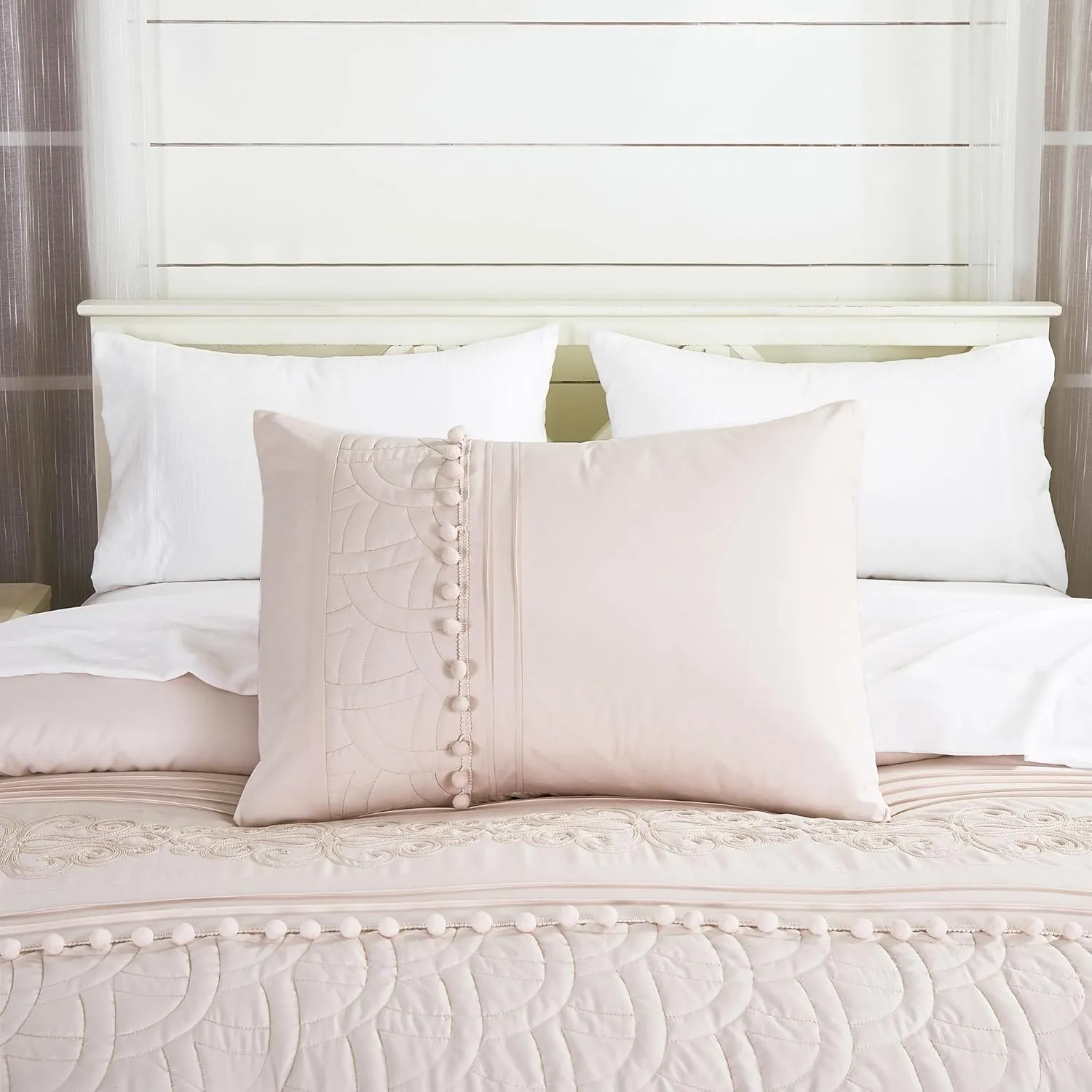 Chezmoi Collection Athena Queen Bed in a Bag 7-Pieces Floral Chenille Embroidered Pom Pom Stripe Comforter Set with Sheets All Season Bedding Set, Queen, Blush Pink