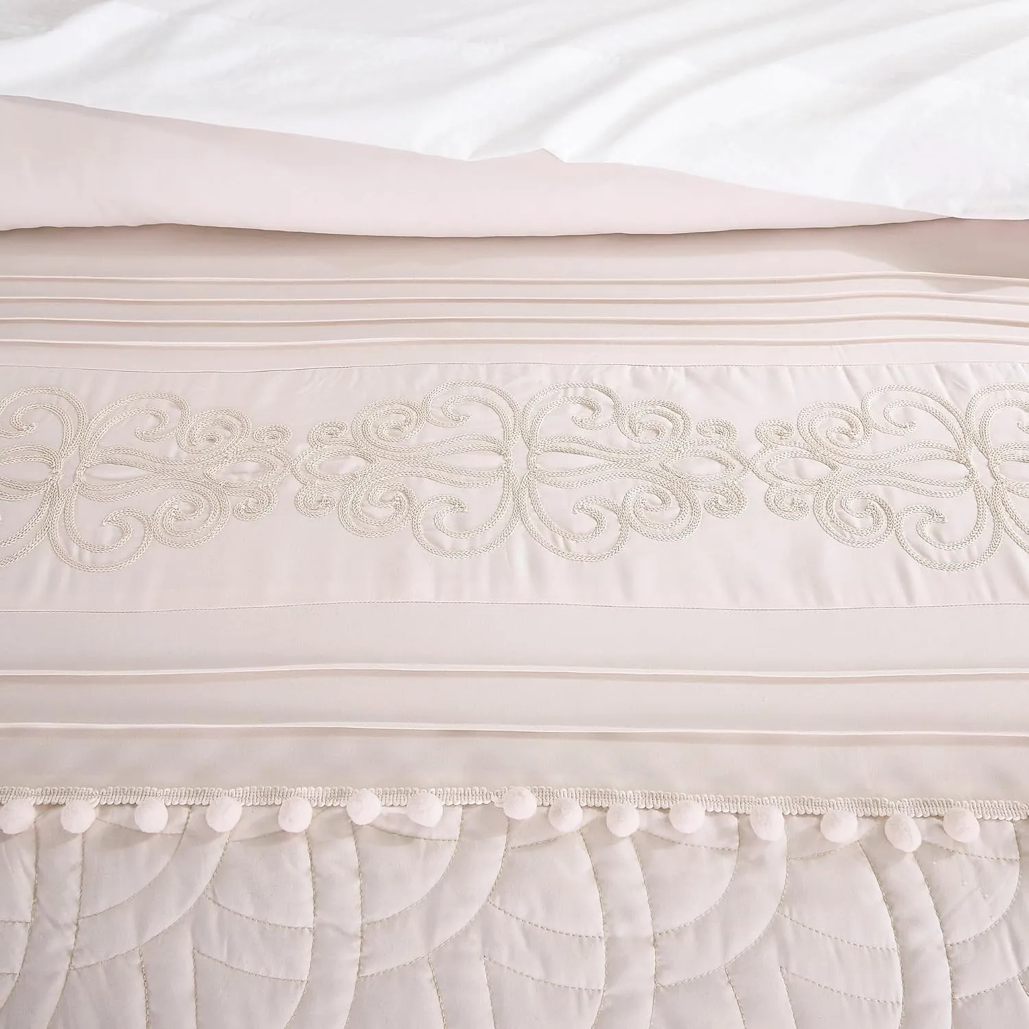 Chezmoi Collection Athena Queen Bed in a Bag 7-Pieces Floral Chenille Embroidered Pom Pom Stripe Comforter Set with Sheets All Season Bedding Set, Queen, Blush Pink