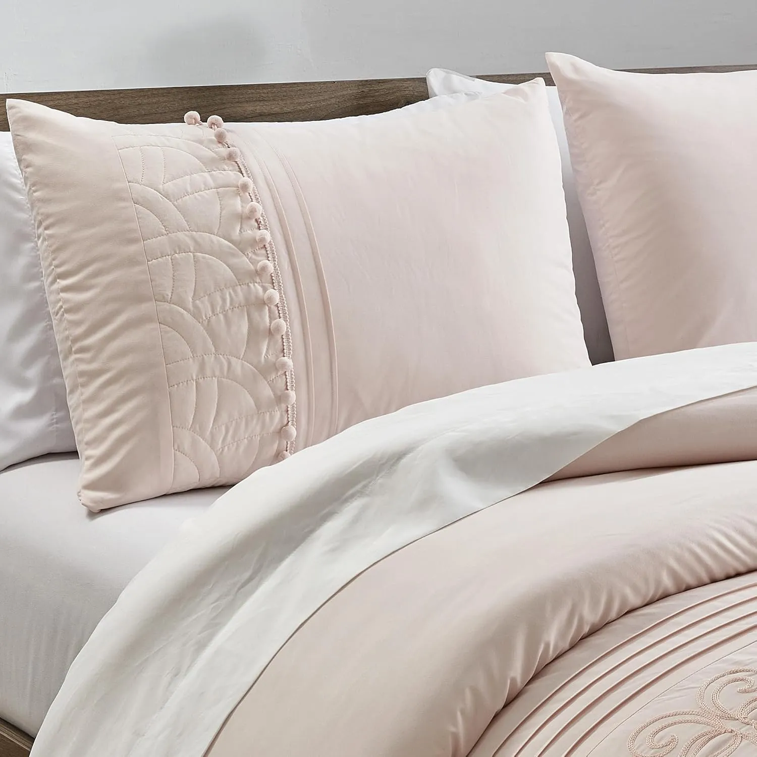 Chezmoi Collection Athena Queen Bed in a Bag 7-Pieces Floral Chenille Embroidered Pom Pom Stripe Comforter Set with Sheets All Season Bedding Set, Queen, Blush Pink