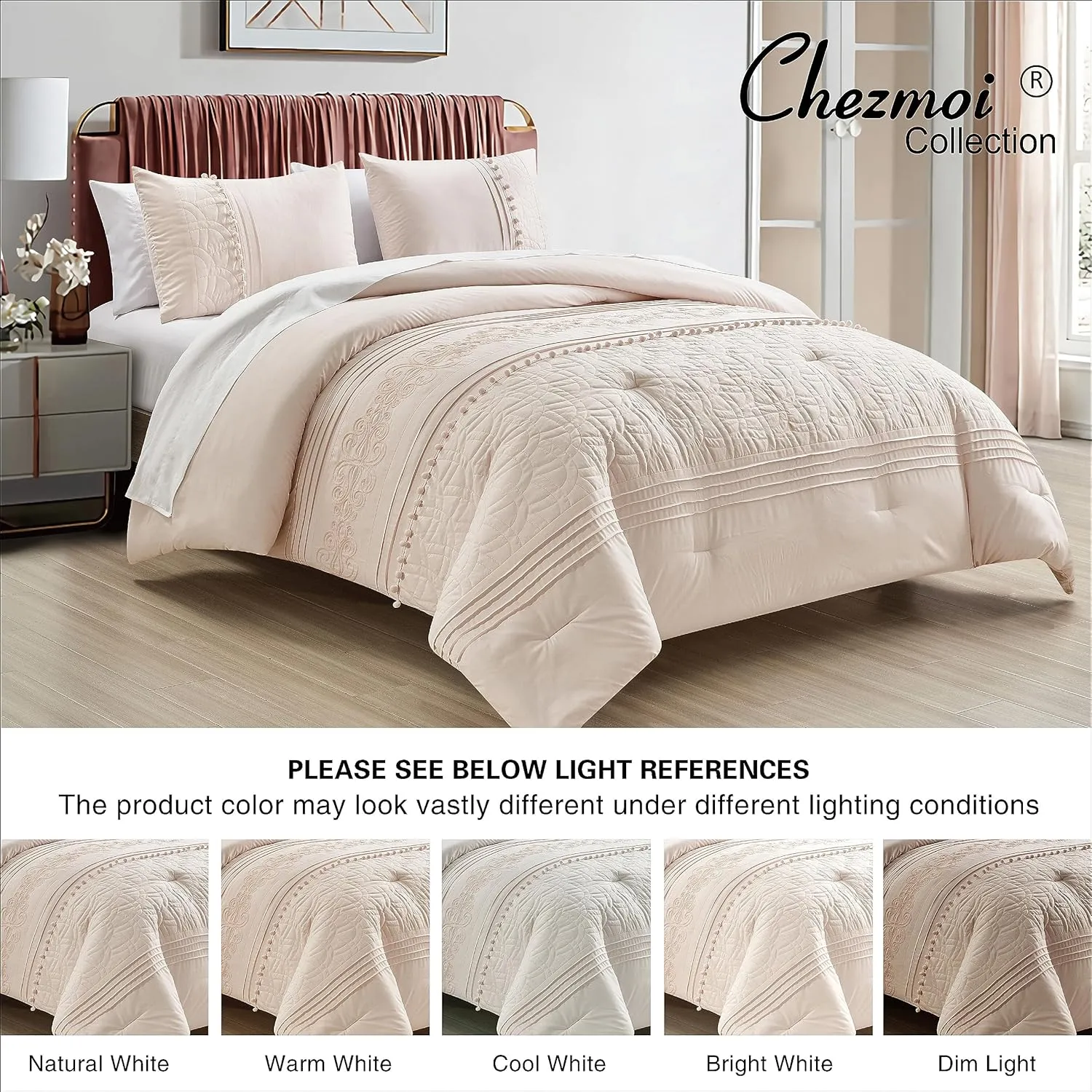 Chezmoi Collection Athena Queen Bed in a Bag 7-Pieces Floral Chenille Embroidered Pom Pom Stripe Comforter Set with Sheets All Season Bedding Set, Queen, Blush Pink