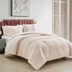 Chezmoi Collection Athena Queen Bed in a Bag 7-Pieces Floral Chenille Embroidered Pom Pom Stripe Comforter Set with Sheets All Season Bedding Set, Queen, Blush Pink