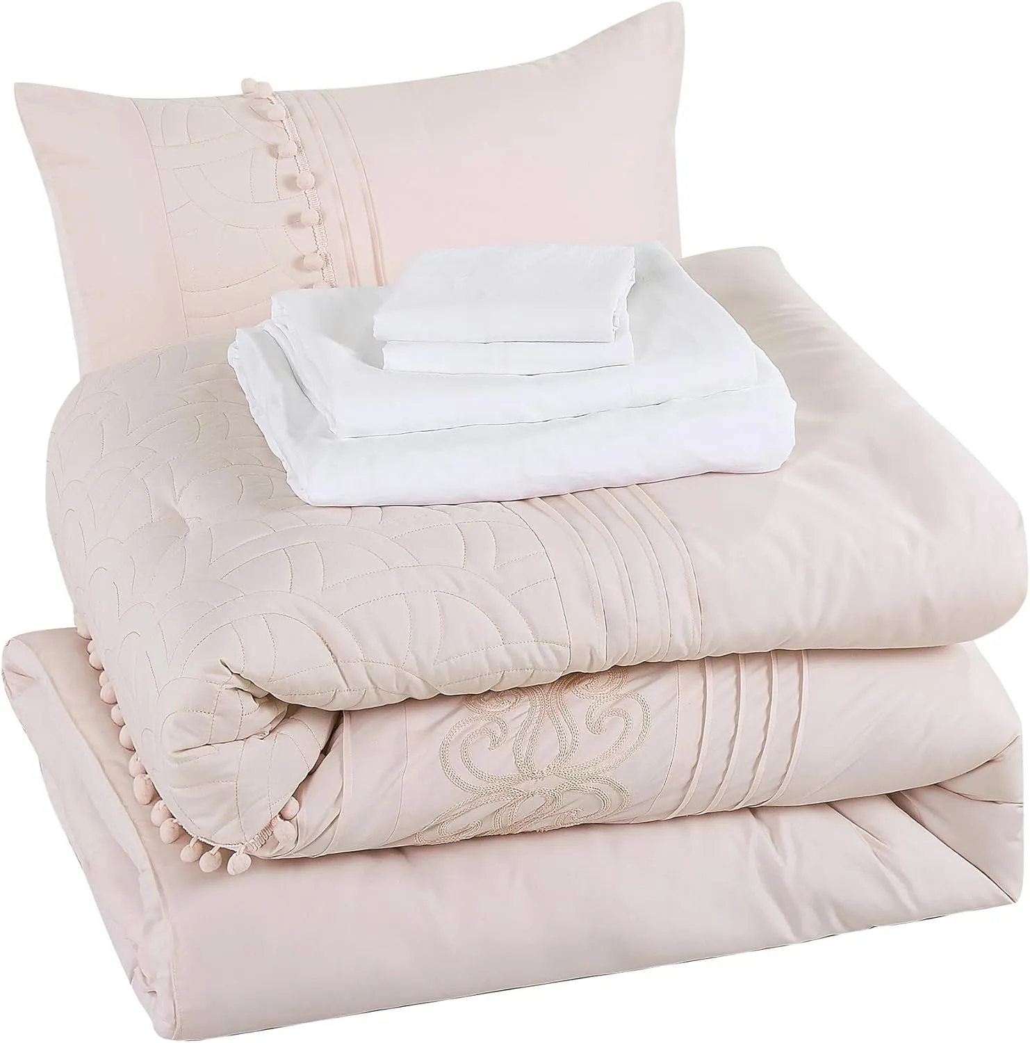 Chezmoi Collection Athena Queen Bed in a Bag 7-Pieces Floral Chenille Embroidered Pom Pom Stripe Comforter Set with Sheets All Season Bedding Set, Queen, Blush Pink