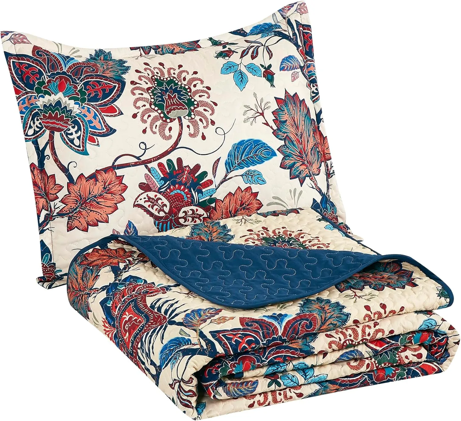 Chezmoi Collection Paradise 3-Piece Floral Quilt Set Queen - Multicolor Blue Red Orange Cream Printed Microfiber Lightweight Bedspread Set for All Season