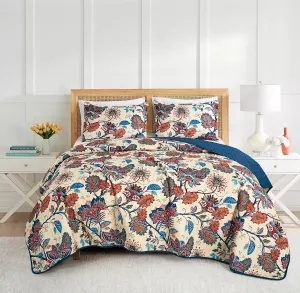 Chezmoi Collection Paradise 3-Piece Floral Quilt Set Queen - Multicolor Blue Red Orange Cream Printed Microfiber Lightweight Bedspread Set for All Season