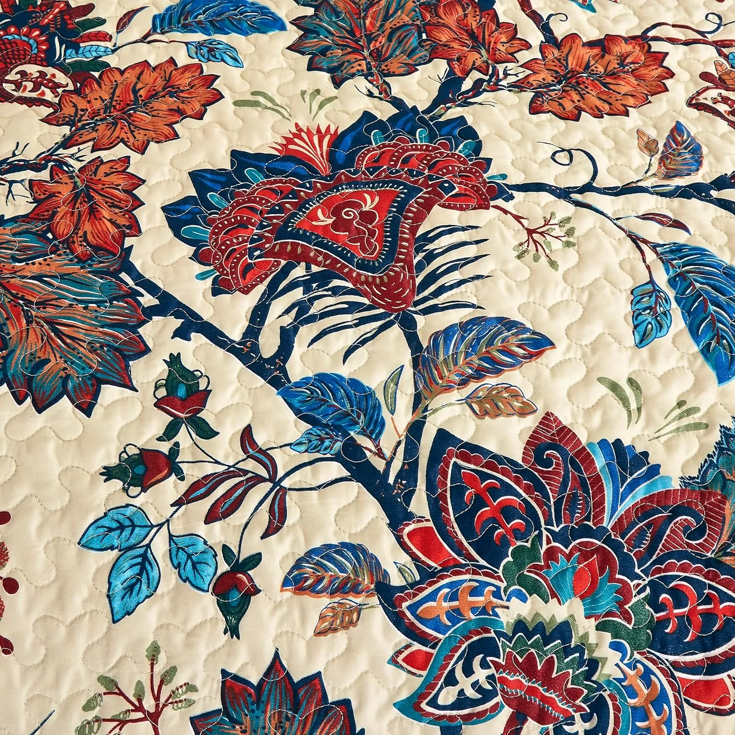 Chezmoi Collection Paradise 3-Piece Floral Quilt Set Queen - Multicolor Blue Red Orange Cream Printed Microfiber Lightweight Bedspread Set for All Season