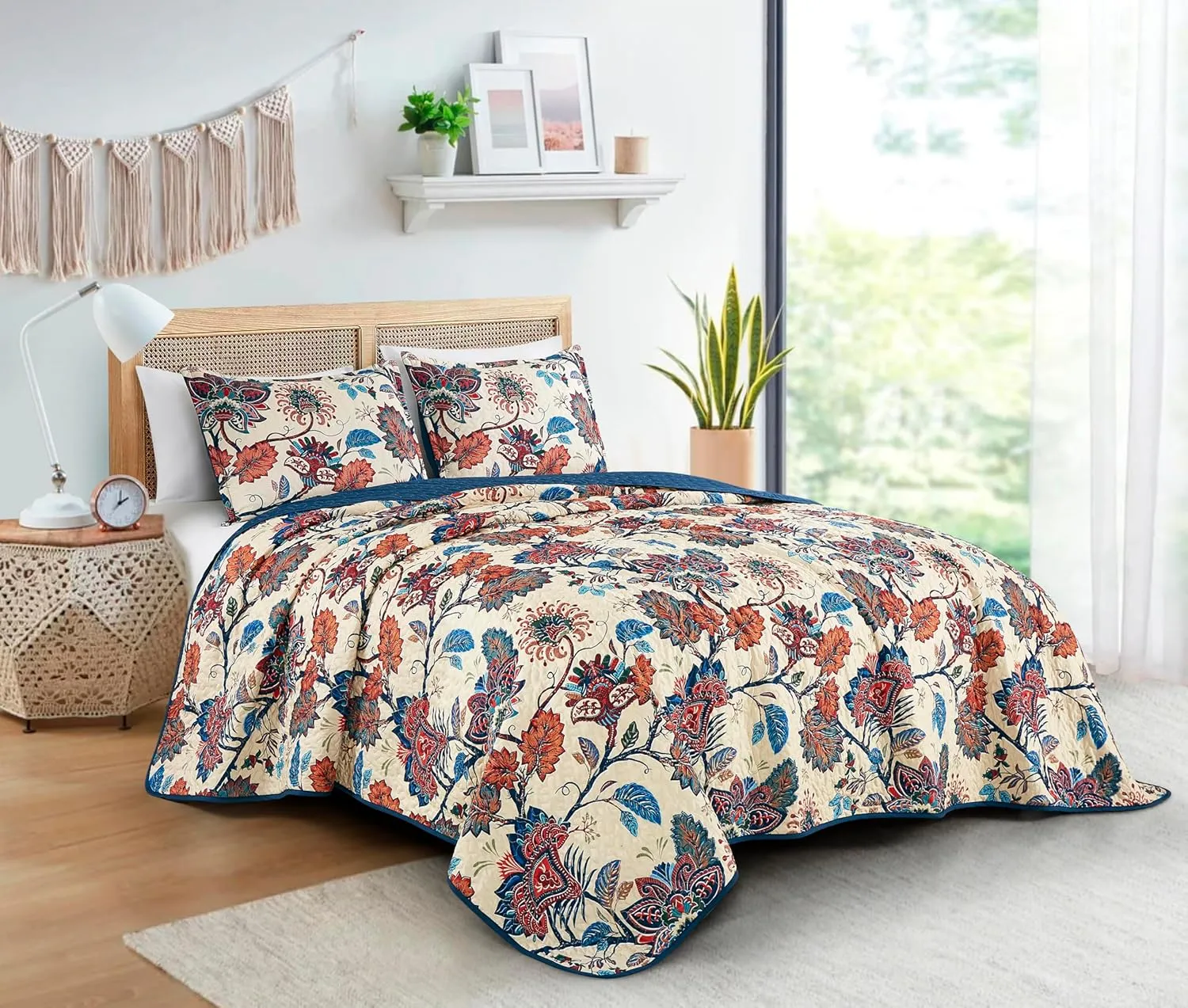 Chezmoi Collection Paradise 3-Piece Floral Quilt Set Queen - Multicolor Blue Red Orange Cream Printed Microfiber Lightweight Bedspread Set for All Season