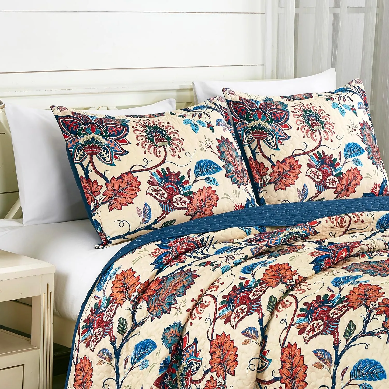 Chezmoi Collection Paradise 3-Piece Floral Quilt Set Queen - Multicolor Blue Red Orange Cream Printed Microfiber Lightweight Bedspread Set for All Season