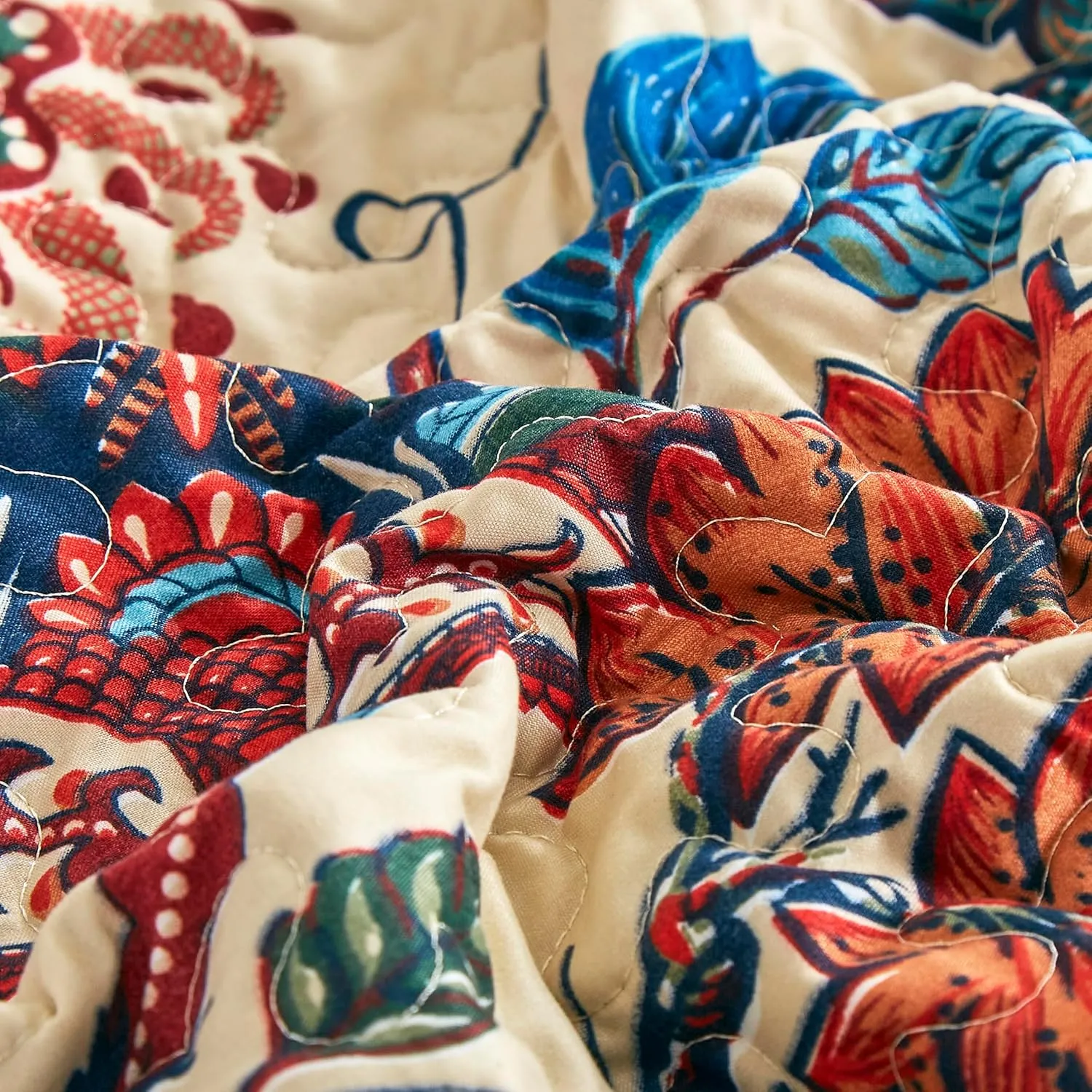 Chezmoi Collection Paradise 3-Piece Floral Quilt Set Queen - Multicolor Blue Red Orange Cream Printed Microfiber Lightweight Bedspread Set for All Season