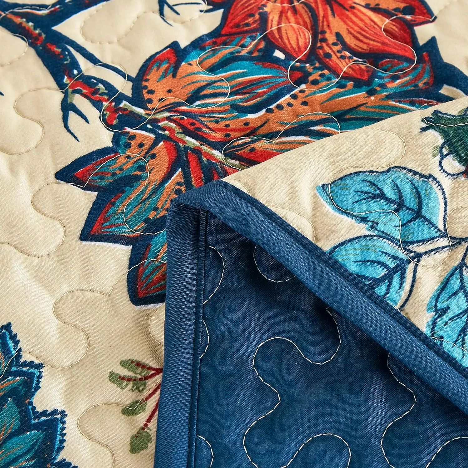 Chezmoi Collection Paradise 3-Piece Floral Quilt Set Queen - Multicolor Blue Red Orange Cream Printed Microfiber Lightweight Bedspread Set for All Season