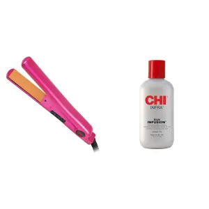 CHI Tourmaline Ceramic Hair Straightening Flat Iron | 1" Plates | Pure Pink | Professional Salon Model Hair Straightener & INFRA Silk Infusion, 6 Fl Oz