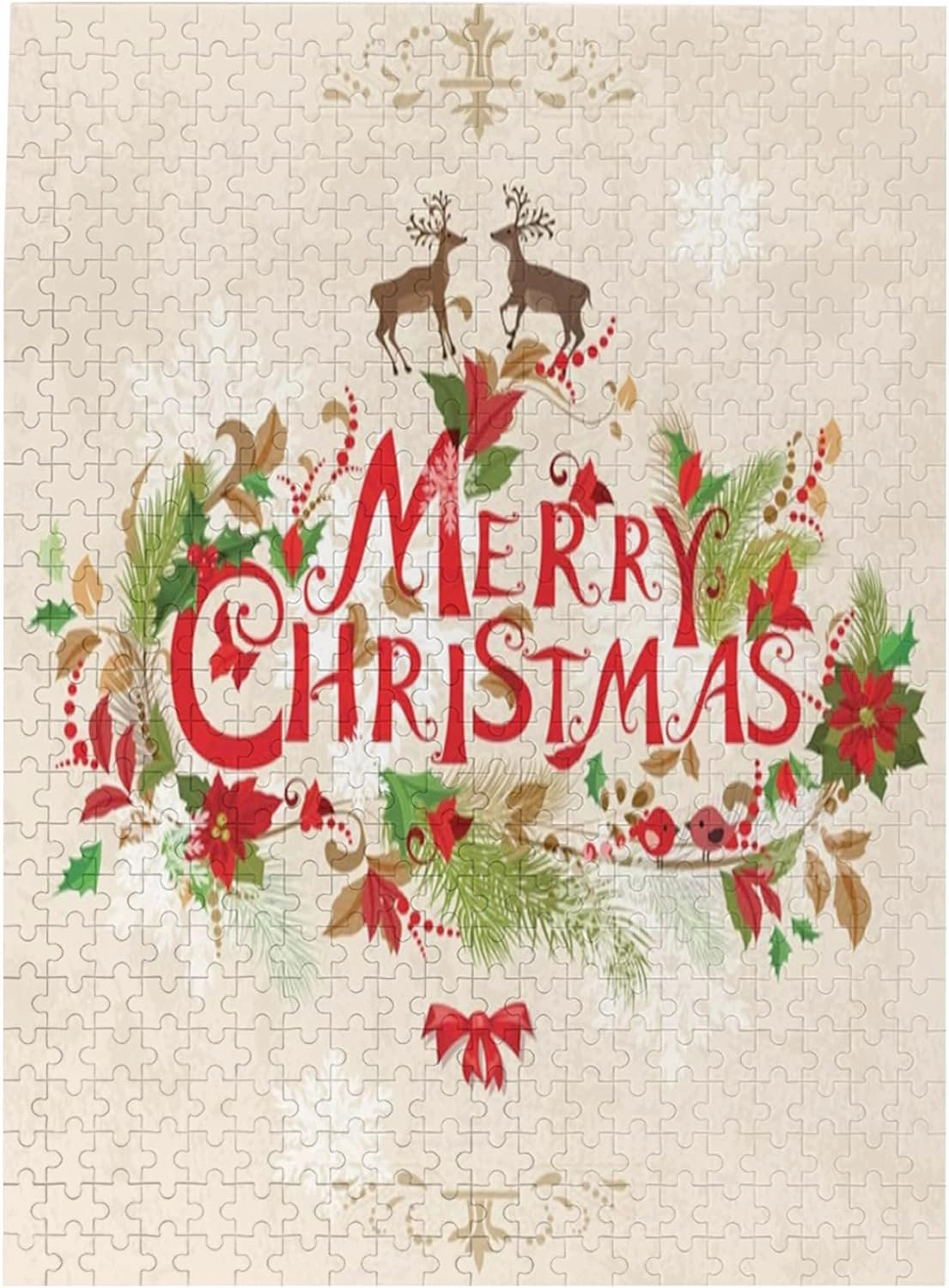Christmas Print,Portable Wooden Jigsaw Puzzle for Adults,Merry Xmas Wish with Fir Tree,Birthday Gift for Family and Friends,Green Red Plastic Box Storage 500PCS