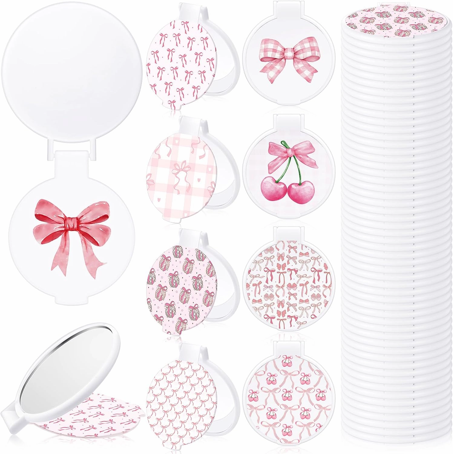Chunful 36 Pcs Pink Bow Party Favors Coquette Compact Mirror Bulk Mini Portable Pocket Makeup Mirror Coquette Gift for Women Mom Bridal Bachelorette Party Favors
