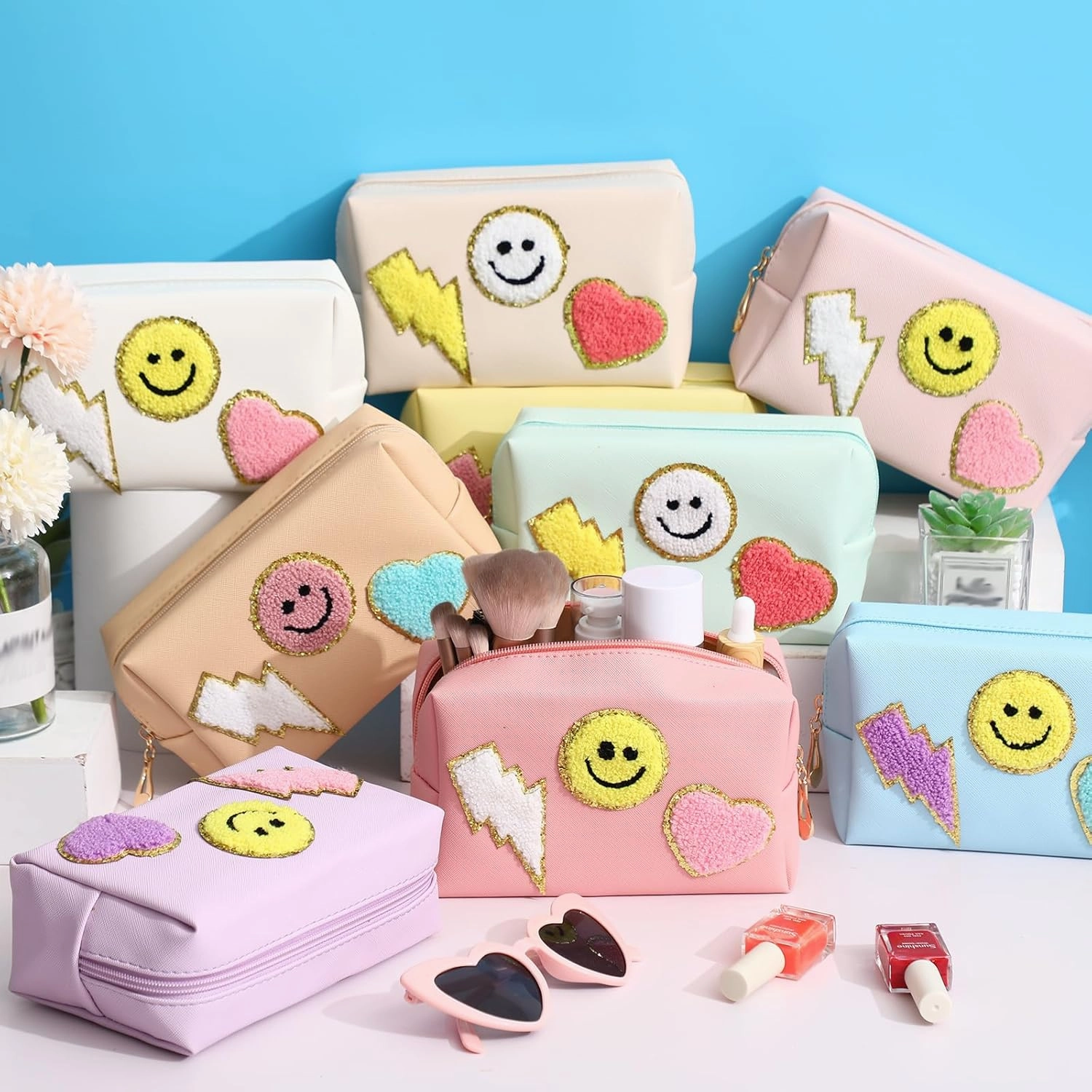 Chunful 9 Pieces Preppy Patch Makeup Bag Chenille Letters Cosmetic PU Leather Portable Waterproof Toiletry Travel Bag for Women End of the Year Teacher Gifts Bulk(Fresh Colors,Smile, Lightning, Heart)
