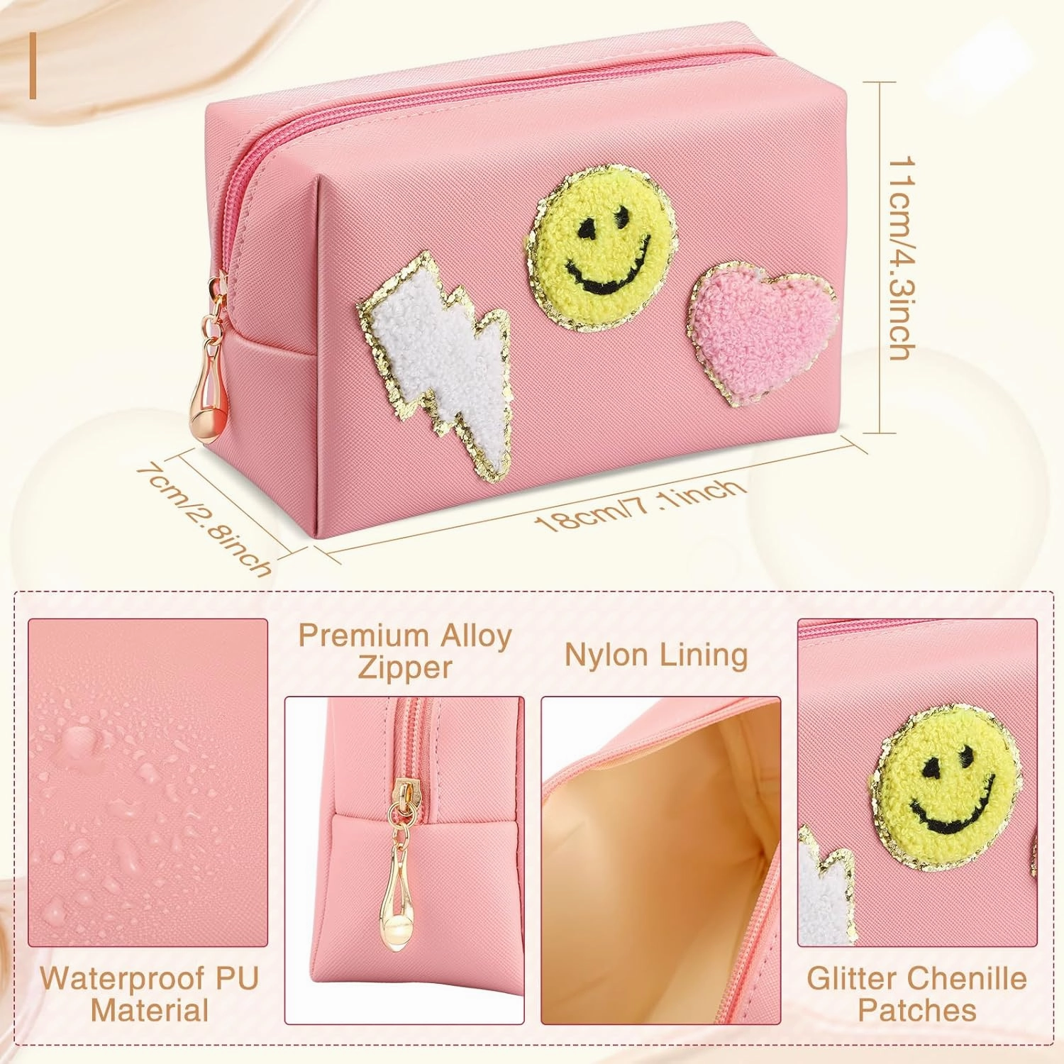Chunful 9 Pieces Preppy Patch Makeup Bag Chenille Letters Cosmetic PU Leather Portable Waterproof Toiletry Travel Bag for Women End of the Year Teacher Gifts Bulk(Fresh Colors,Smile, Lightning, Heart)
