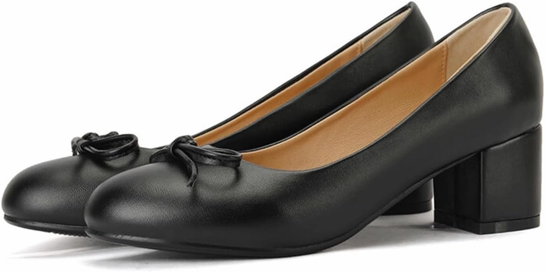 Chunky Block Heel Pumps for Women Comfortable 2 Inch Mid Heel Closed Round Toe Matte Leather Suede Dress Shoes with Bow Tie Wedding Office Party Dating