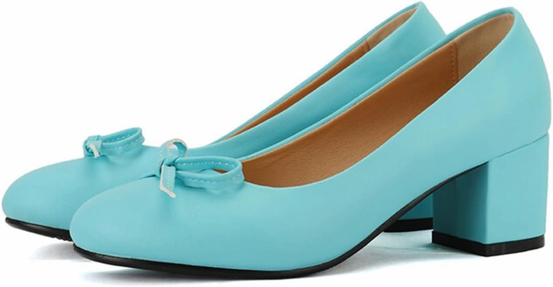 Chunky Block Heel Pumps for Women Comfortable 2 Inch Mid Heel Closed Round Toe Matte Leather Suede Dress Shoes with Bow Tie Wedding Office Party Dating