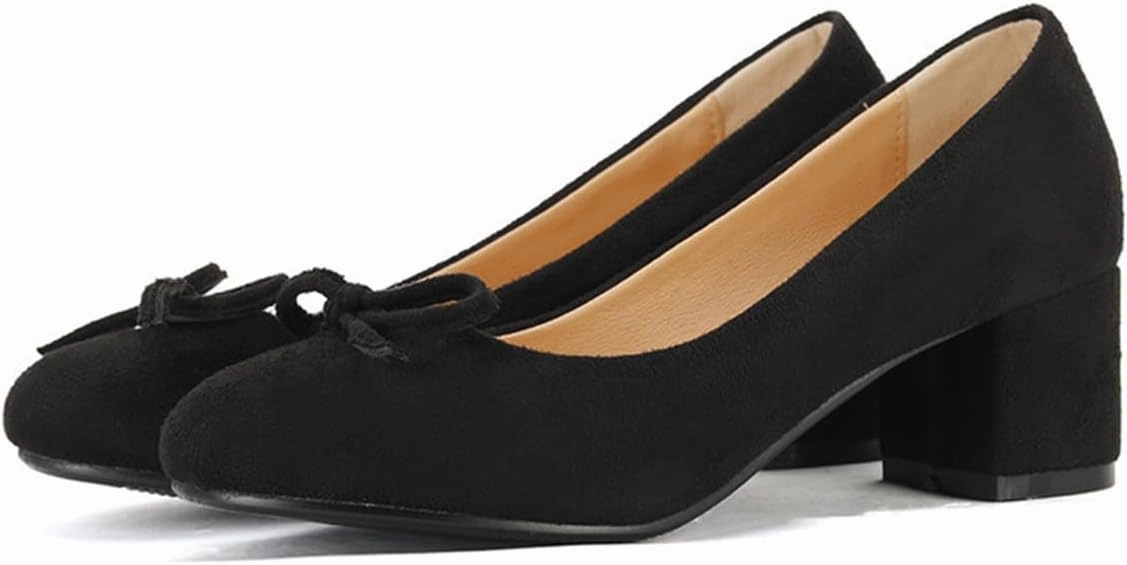 Chunky Block Heel Pumps for Women Comfortable 2 Inch Mid Heel Closed Round Toe Matte Leather Suede Dress Shoes with Bow Tie Wedding Office Party Dating