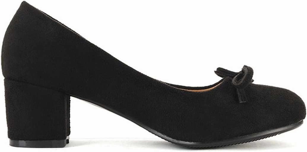 Chunky Block Heel Pumps for Women Comfortable 2 Inch Mid Heel Closed Round Toe Matte Leather Suede Dress Shoes with Bow Tie Wedding Office Party Dating