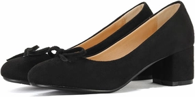 Chunky Block Heel Pumps for Women Comfortable 2 Inch Mid Heel Closed Round Toe Matte Leather Suede Dress Shoes with Bow Tie Wedding Office Party Dating