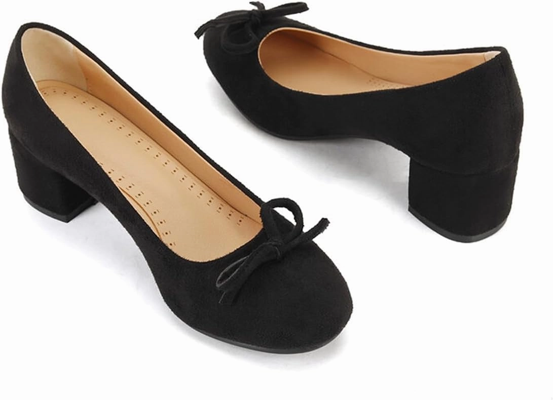 Chunky Block Heel Pumps for Women Comfortable 2 Inch Mid Heel Closed Round Toe Matte Leather Suede Dress Shoes with Bow Tie Wedding Office Party Dating