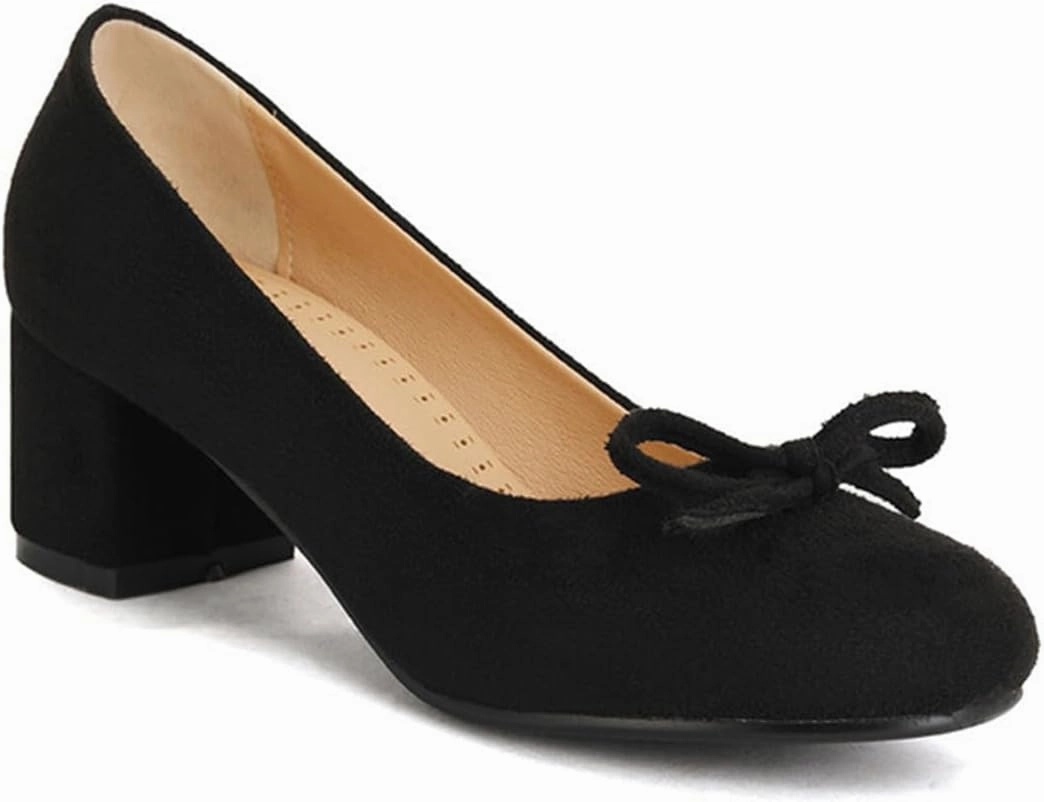 Chunky Block Heel Pumps for Women Comfortable 2 Inch Mid Heel Closed Round Toe Matte Leather Suede Dress Shoes with Bow Tie Wedding Office Party Dating
