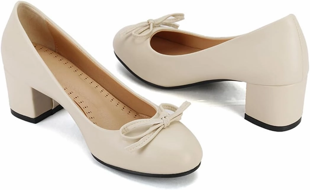Chunky Block Heel Pumps for Women Comfortable 2 Inch Mid Heel Closed Round Toe Matte Leather Suede Dress Shoes with Bow Tie Wedding Office Party Dating