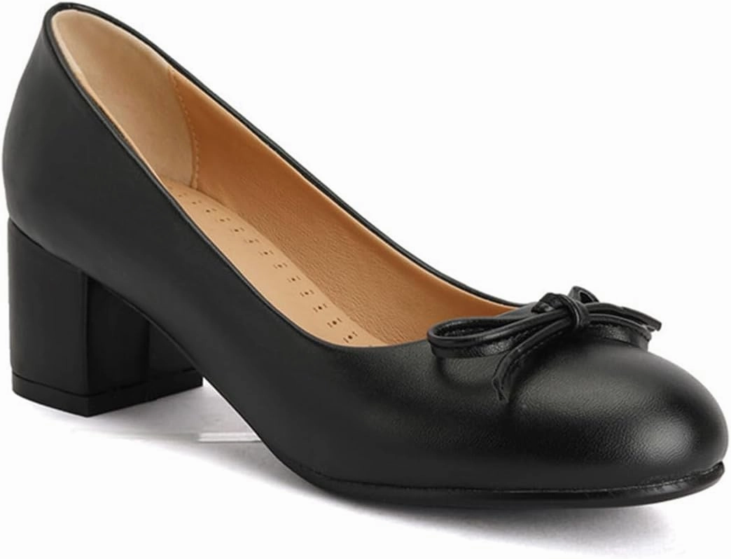 Chunky Block Heel Pumps for Women Comfortable 2 Inch Mid Heel Closed Round Toe Matte Leather Suede Dress Shoes with Bow Tie Wedding Office Party Dating