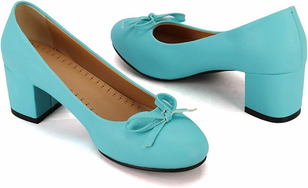 Chunky Block Heel Pumps for Women Comfortable 2 Inch Mid Heel Closed Round Toe Matte Leather Suede Dress Shoes with Bow Tie Wedding Office Party Dating