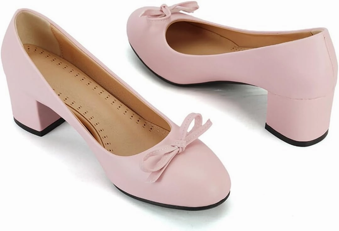 Chunky Block Heel Pumps for Women Comfortable 2 Inch Mid Heel Closed Round Toe Matte Leather Suede Dress Shoes with Bow Tie Wedding Office Party Dating