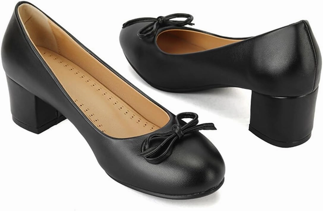 Chunky Block Heel Pumps for Women Comfortable 2 Inch Mid Heel Closed Round Toe Matte Leather Suede Dress Shoes with Bow Tie Wedding Office Party Dating