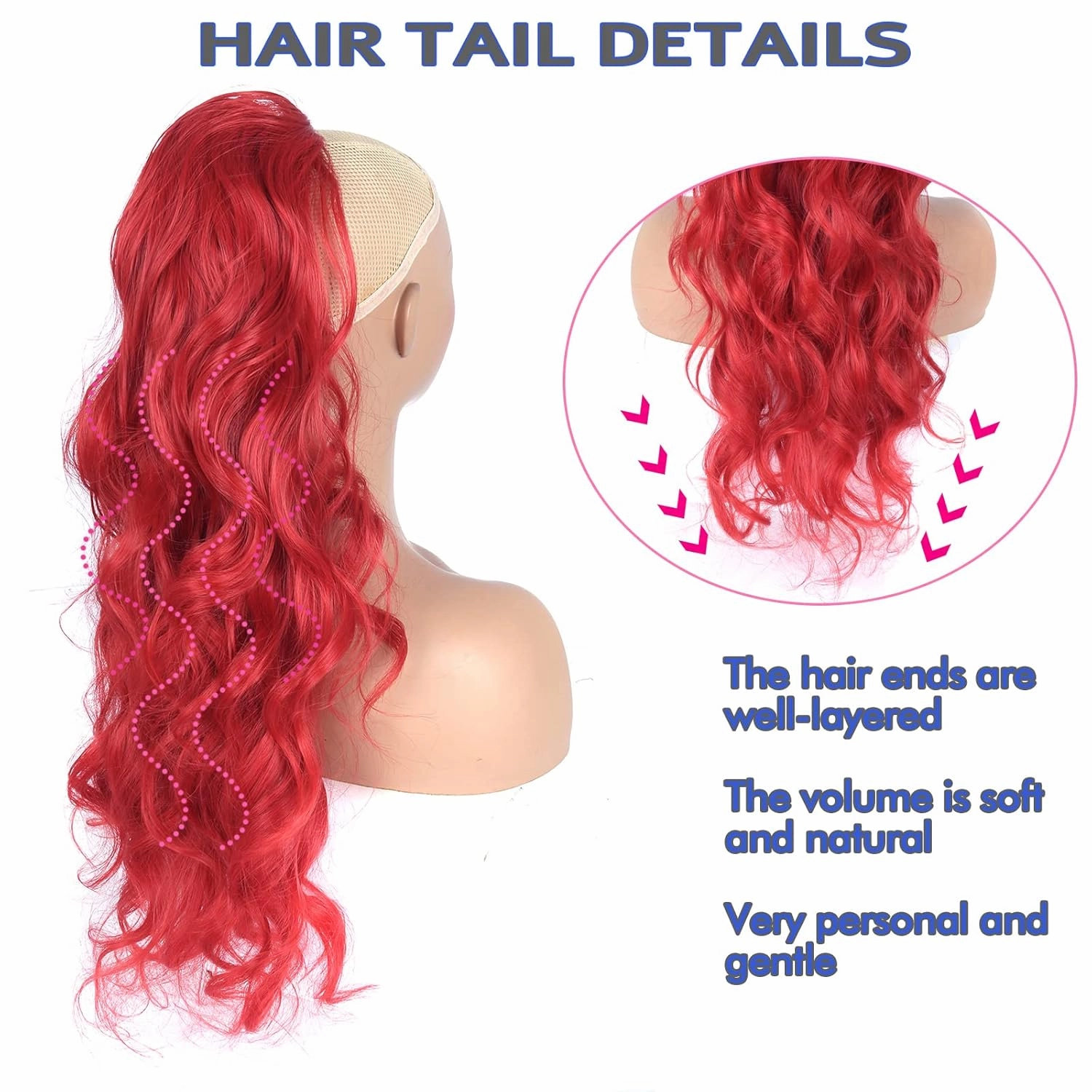CINHOO 24 Inch Long Body Wavy Drawstring Ponytail Clip in Hair Extension Synthetic Curly Wavy Pony Tail Hairpiece for Women Red Ponytail (24inch, A14 Red)