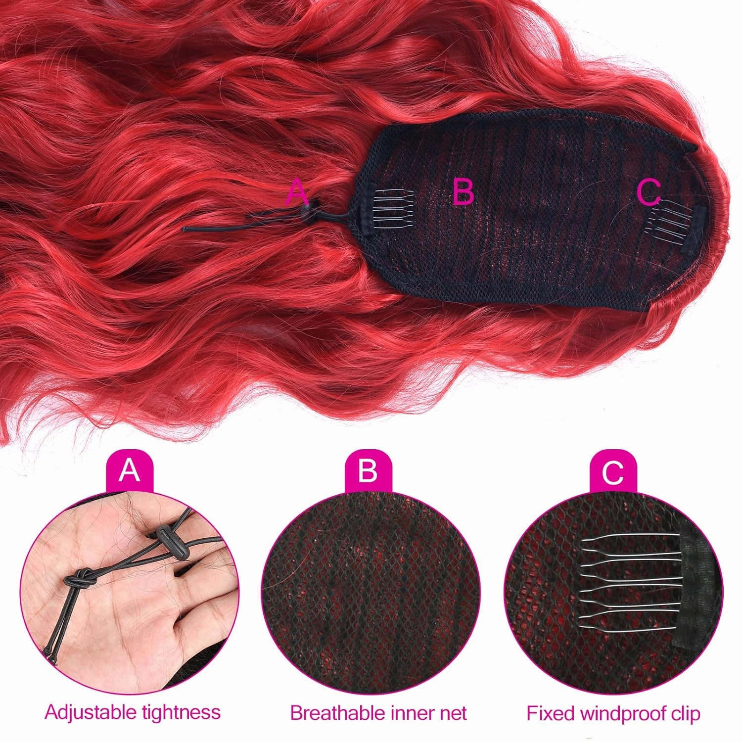 CINHOO 24 Inch Long Body Wavy Drawstring Ponytail Clip in Hair Extension Synthetic Curly Wavy Pony Tail Hairpiece for Women Red Ponytail (24inch, A14 Red)