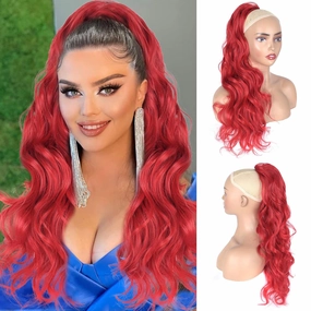 CINHOO 24 Inch Long Body Wavy Drawstring Ponytail Clip in Hair Extension Synthetic Curly Wavy Pony Tail Hairpiece for Women Red Ponytail (24inch, A14 Red)