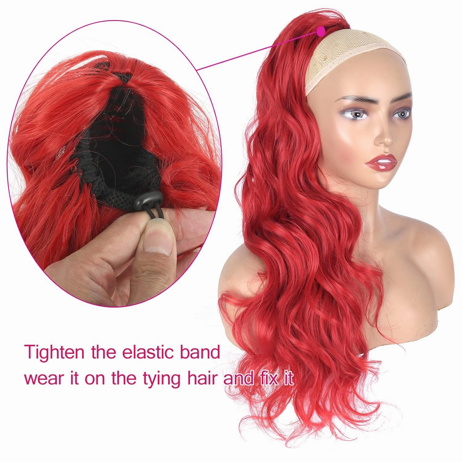 CINHOO 24 Inch Long Body Wavy Drawstring Ponytail Clip in Hair Extension Synthetic Curly Wavy Pony Tail Hairpiece for Women Red Ponytail (24inch, A14 Red)