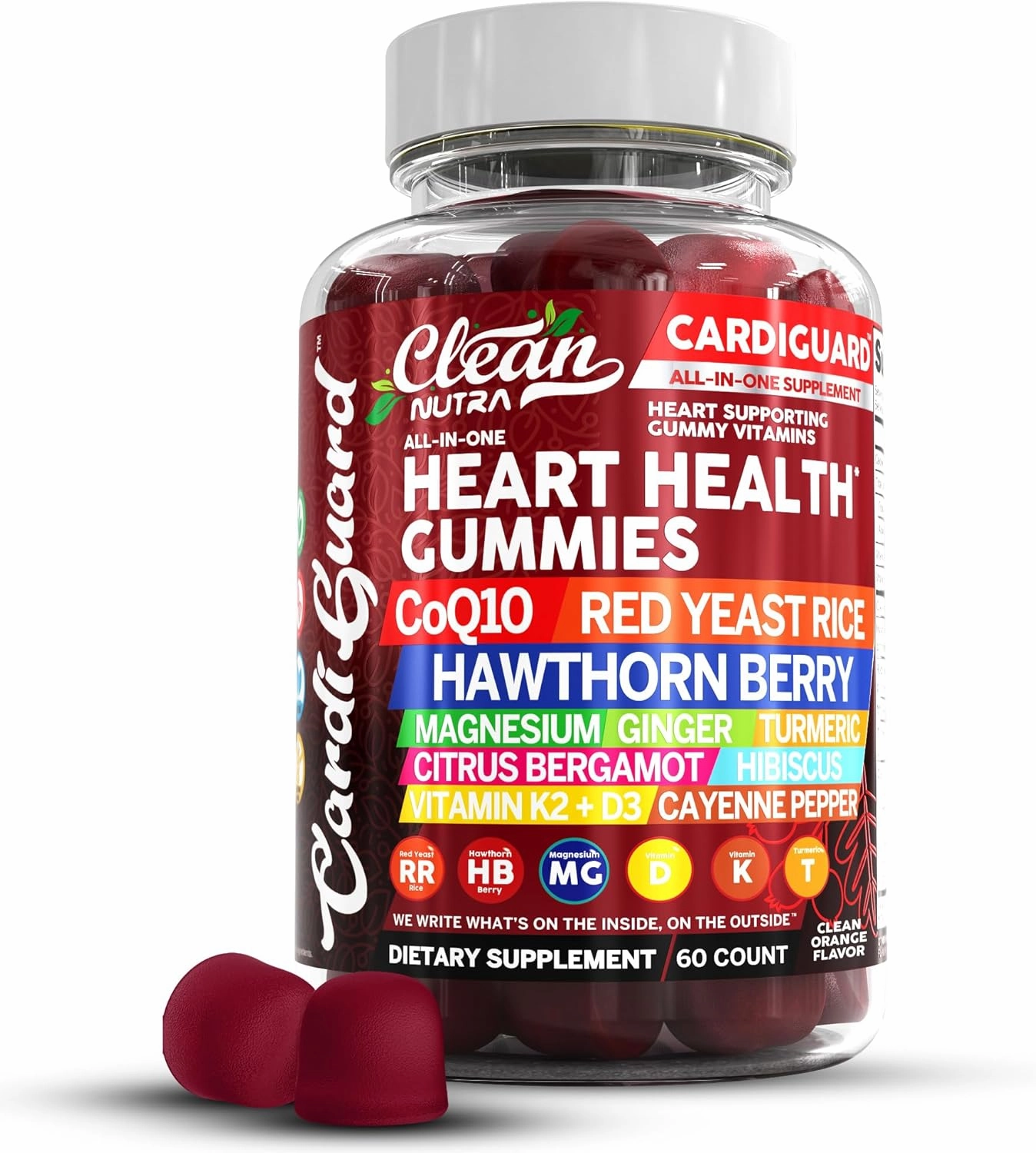 Clean Nutraceuticals Coq10 Gummies | Red Yeast Rice Hawthorn Berry Ginger Turmeric Citrus Bergamot Hibiscus Vitamin K2 D3 Magnesium Glycinate Cayenne Pepper Fenugreek Orange Flavor CardiGuard