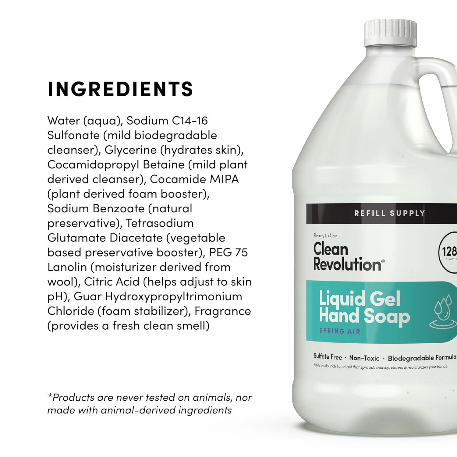 Clean Revolution Liquid Gel Hand Soap, Silky Rich Liquid, Quick Lather, Fast Rinsing, Contains Real Essential Oils (Spring Air) 128 Fl Oz