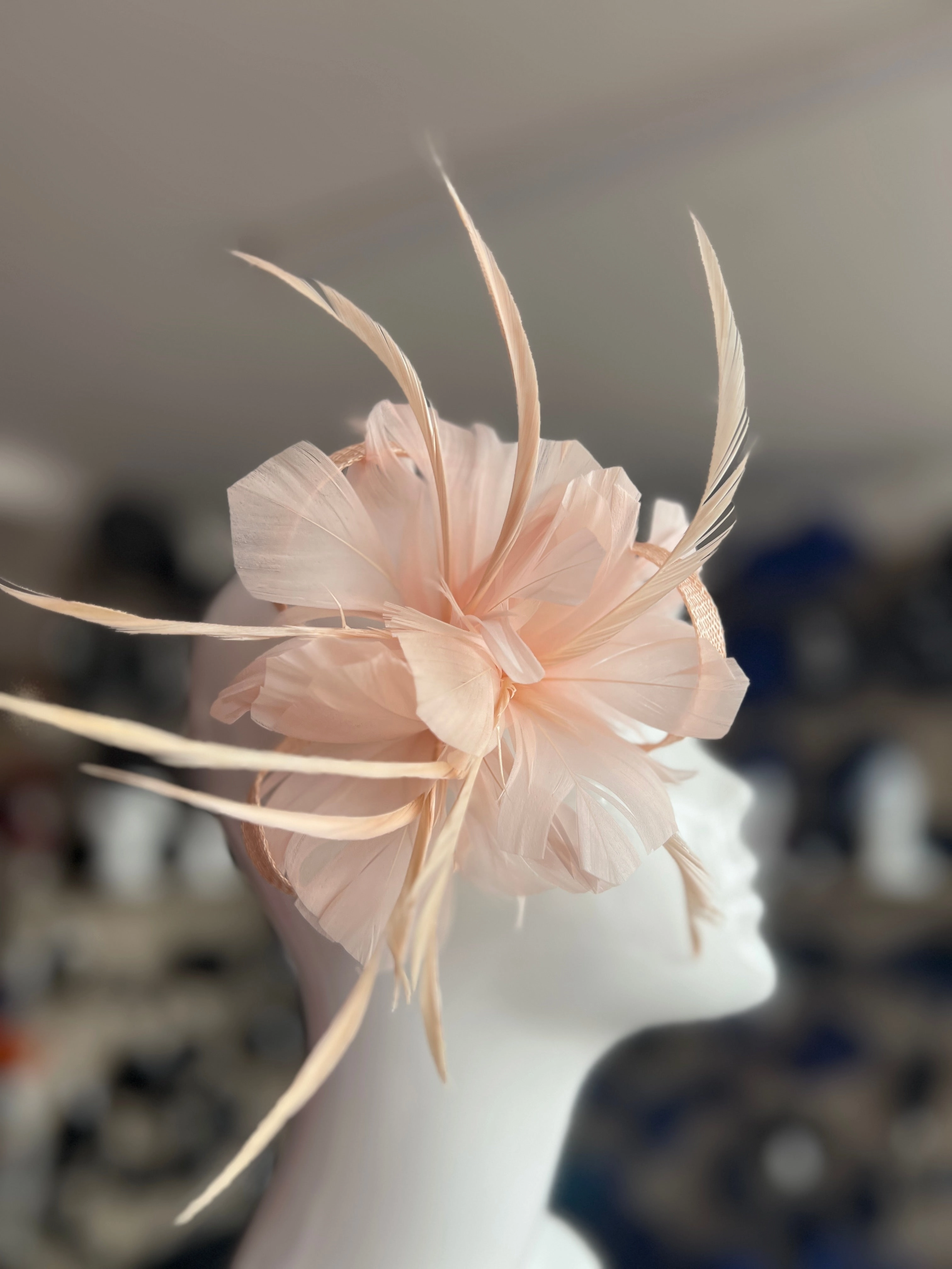 Clip On Blush Fascinator with Loops & Feather Flower