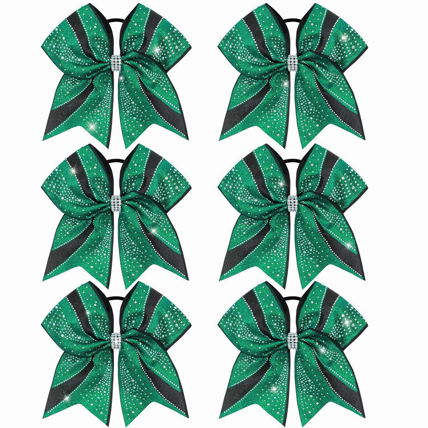 CN 6PCS Glitter Cheer Bows for Cheerleaders, Green Sparkly Large Hair Bows for Girls Cheerleading with Elastic Hair Ties，Cheer Hair Accessories for Softball Competition School Spirit