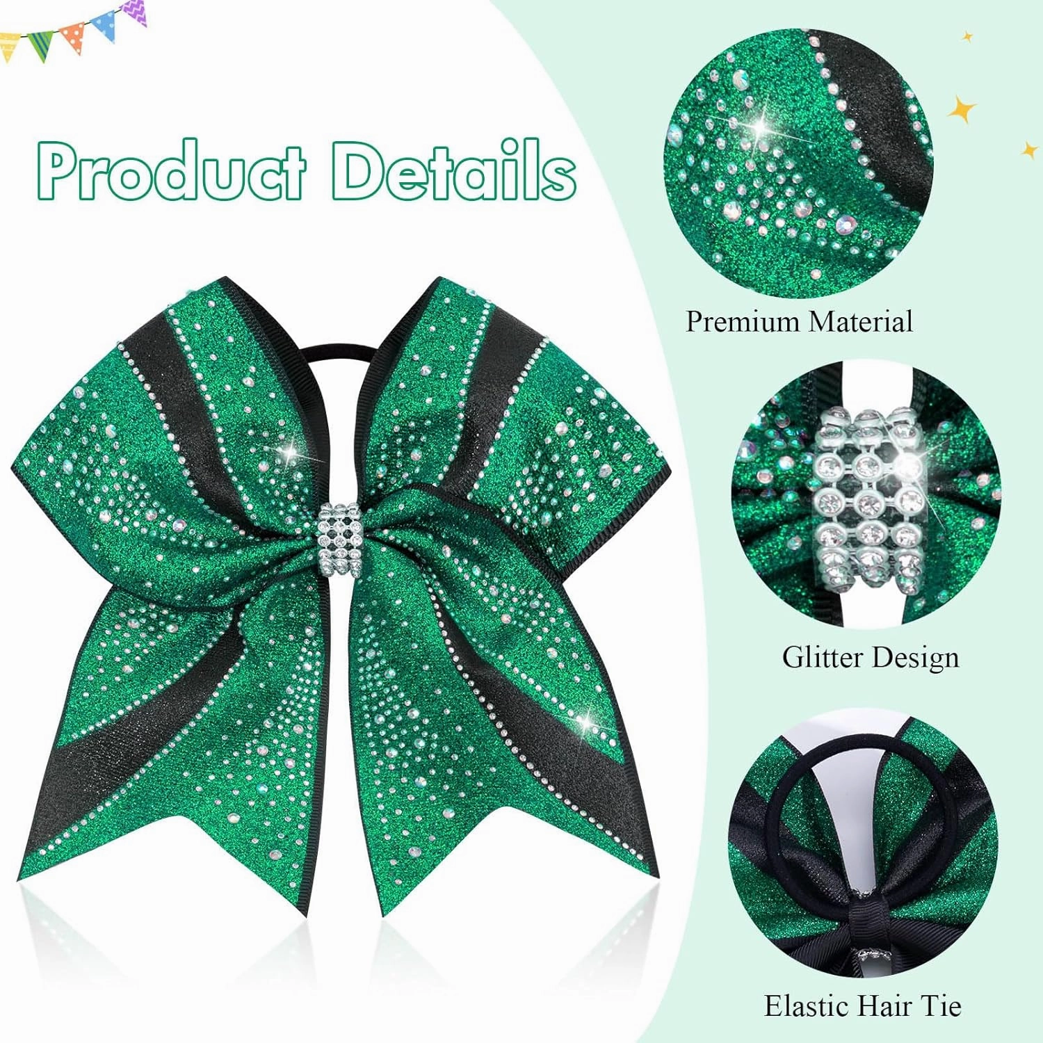 CN 6PCS Glitter Cheer Bows for Cheerleaders, Green Sparkly Large Hair Bows for Girls Cheerleading with Elastic Hair Ties，Cheer Hair Accessories for Softball Competition School Spirit