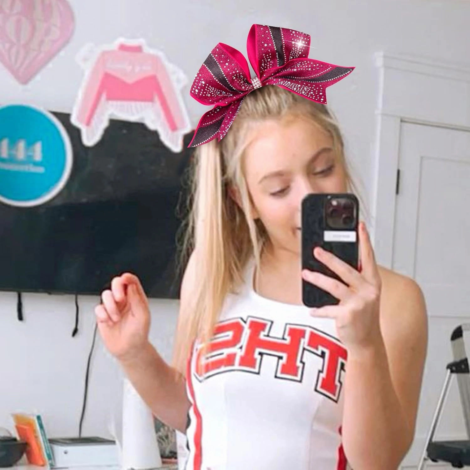 CN 6PCS Glitter Cheer Bows for Cheerleaders, Hot Pink Sparkly Large Hair Bows for Girls Cheerleading with Elastic Hair Ties，Cheer Hair Accessories for Softball Competition School Spirit