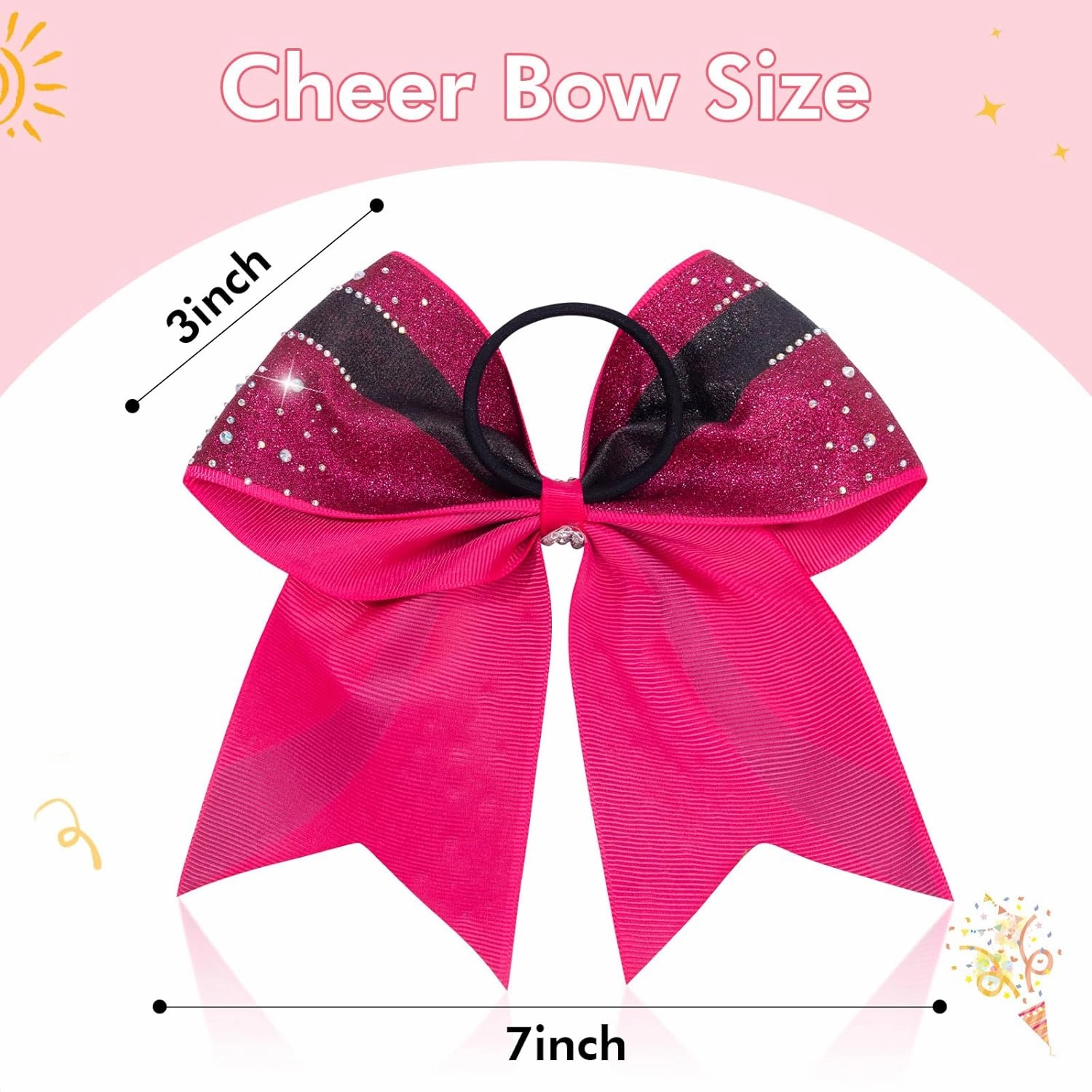 CN 6PCS Glitter Cheer Bows for Cheerleaders, Hot Pink Sparkly Large Hair Bows for Girls Cheerleading with Elastic Hair Ties，Cheer Hair Accessories for Softball Competition School Spirit