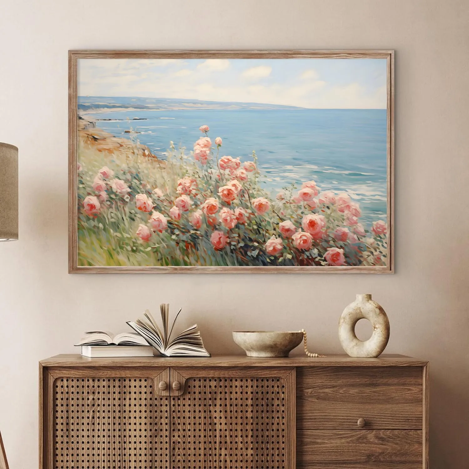Coastal Wildflower Wall Art Blue Ocean Landscape Prints Vintage Pink Flower Pictures Beach Flower Painting Floral Scenery Wall Art Summer Floral Poster Coastal Botanical Prints Room 24x16inch Unframed