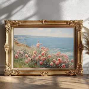 Coastal Wildflower Wall Art Blue Ocean Landscape Prints Vintage Pink Flower Pictures Beach Flower Painting Floral Scenery Wall Art Summer Floral Poster Coastal Botanical Prints Room 24x16inch Unframed