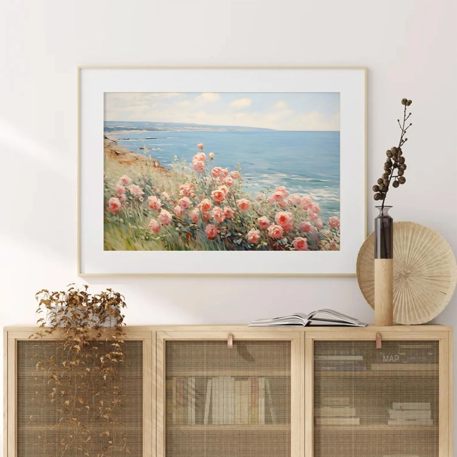 Coastal Wildflower Wall Art Blue Ocean Landscape Prints Vintage Pink Flower Pictures Beach Flower Painting Floral Scenery Wall Art Summer Floral Poster Coastal Botanical Prints Room 24x16inch Unframed