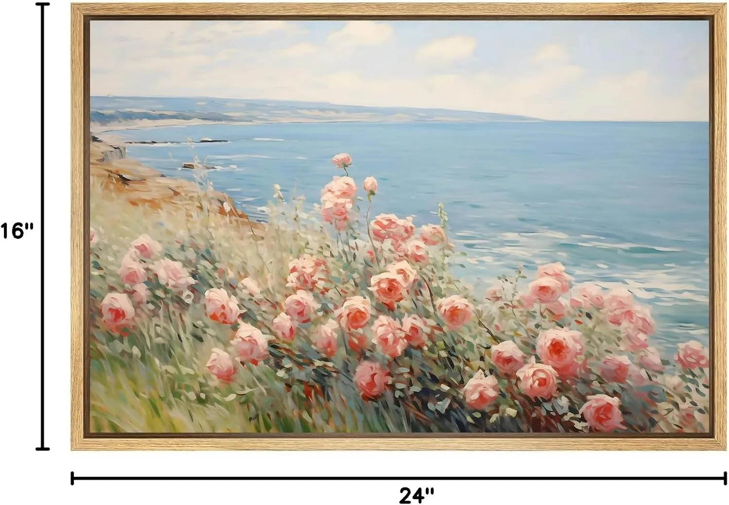 Coastal Wildflower Wall Art Blue Ocean Landscape Prints Vintage Pink Flower Pictures Beach Flower Painting Floral Scenery Wall Art Summer Floral Poster Coastal Botanical Prints Room 24x16inch Unframed