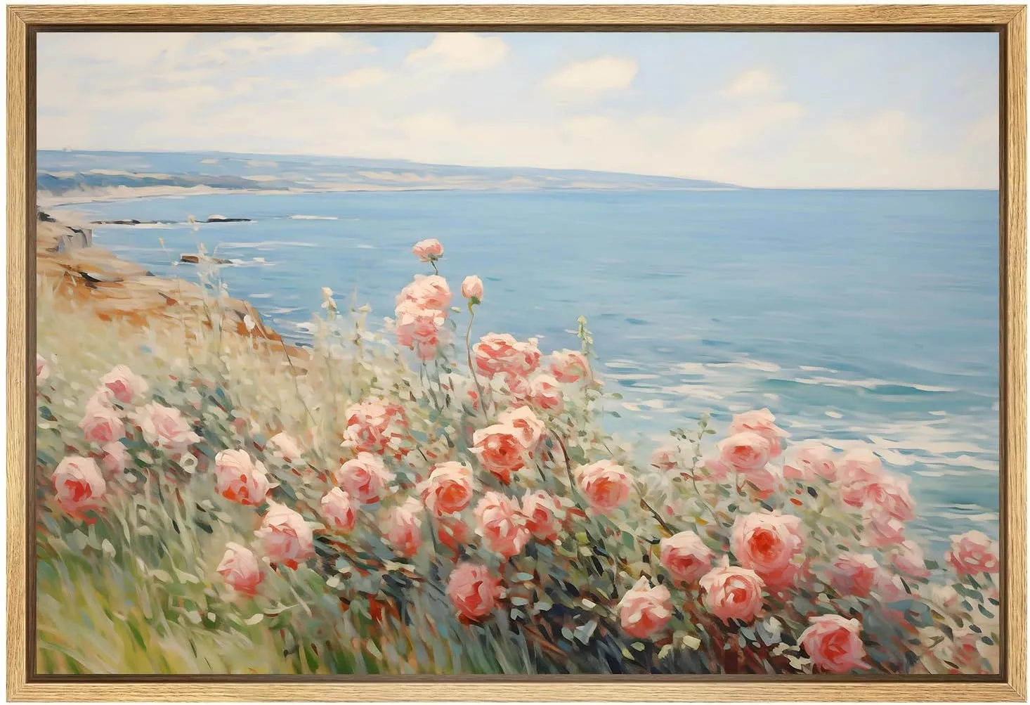 Coastal Wildflower Wall Art Blue Ocean Landscape Prints Vintage Pink Flower Pictures Beach Flower Painting Floral Scenery Wall Art Summer Floral Poster Coastal Botanical Prints Room 24x16inch Unframed