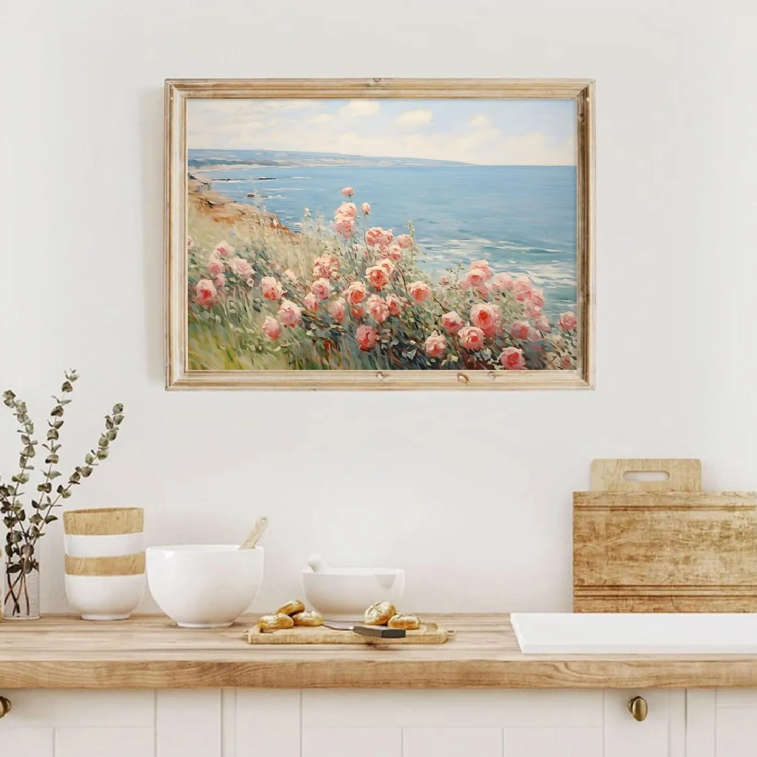 Coastal Wildflower Wall Art Blue Ocean Landscape Prints Vintage Pink Flower Pictures Beach Flower Painting Floral Scenery Wall Art Summer Floral Poster Coastal Botanical Prints Room 24x16inch Unframed